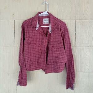 American Eagle Cropped Pink Cozy Plaid Flannel Button Down
